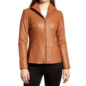 New Cole Haan Wing Collar Leather Jacket Women's 3X Plus Brown Lambskin Zip Up